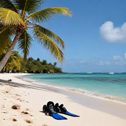 Caribbean Holidays, Saint Lucia Diving, Relaxed Saint Lucia beach with palm trees, calm turquoise sea and a scuba diver's mask and fins ready for an afternoon dive