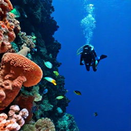 Caribbean Holidays, Saint Lucia Diving, Scuba diver swimming above a steep volcanic reef off Saint Lucia, with sponges, coral walls and schools of tropical fish