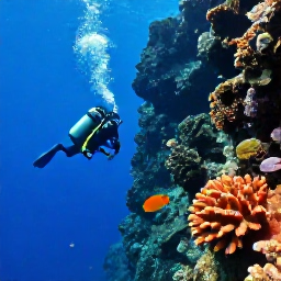 Caribbean Holidays, Saint Lucia Diving, Scuba diver swimming along a steep underwater volcanic wall with colourful corals and tropical fish in Saint Lucia