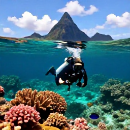 Caribbean Holidays, Saint Lucia Diving, Scuba divers exploring a colourful coral reef in clear turquoise water off Saint Lucia, with tropical fish and volcanic underwater scenery