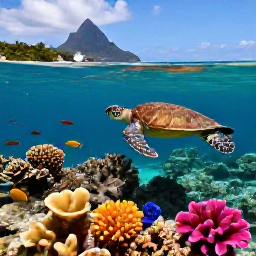 Caribbean Holidays, Saint Lucia Diving, Sea turtle gliding above a colourful coral reef with tropical fish and a Saint Lucian coastline in the background