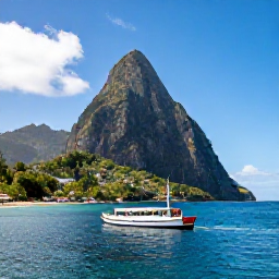 Caribbean Holidays, Saint Lucia Diving, Traditional dive boat leaving a sheltered bay beneath the Pitons on a bright sunny morning in Saint Lucia