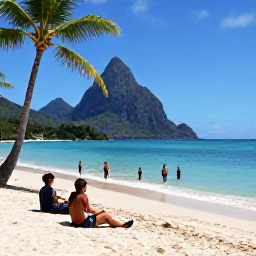 Caribbean Holidays, Saint Lucia Diving, Travellers relaxing at a peaceful Saint Lucia beach after scuba diving, with palm trees, turquoise sea and the Pitons in the distance