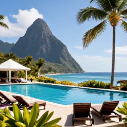 Caribbean Holidays, Saint Lucia Family Holidays, A comfortable family-friendly resort in Saint Lucia with a swimming pool, tropical gardens, shaded loungers and the Caribbean Sea in the background