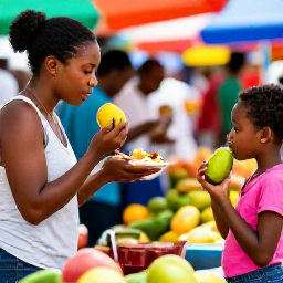 Caribbean Holidays, Saint Lucia Family Holidays, A family enjoying a colourful Saint Lucian market and tasting local fruit and freshly cooked food