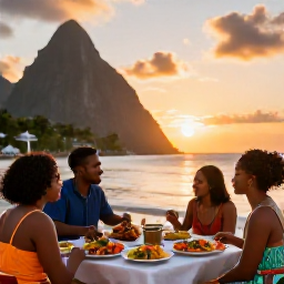 Caribbean Holidays, Saint Lucia Family Holidays, A family enjoying a relaxed sunset meal at a seaside restaurant in Saint Lucia, with colourful local food and a glowing Caribbean sky