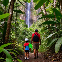Caribbean Holidays, Saint Lucia Family Holidays, A family exploring a lush Saint Lucian rainforest trail with a guide, tropical plants and a waterfall