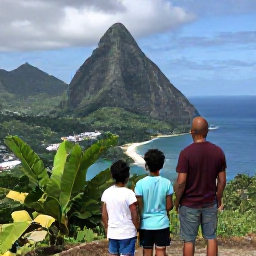 Caribbean Holidays, Saint Lucia Family Holidays, A family exploring the Pitons in Saint Lucia, viewed from a scenic coastal lookout with green hills, blue sea and a local guide