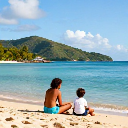 Caribbean Holidays, Saint Lucia Family Holidays, A family relaxing on a beautiful Caribbean beach in Saint Lucia, with calm turquoise water, soft golden sand and green hills in the background