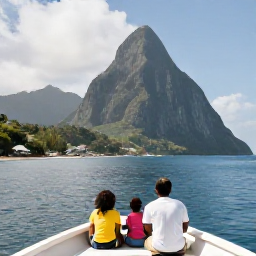 Caribbean Holidays, Saint Lucia Family Holidays, A family taking a boat trip along the coast of Saint Lucia, looking towards the Pitons in bright daylight with calm blue water