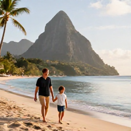 Caribbean Holidays, Saint Lucia Family Holidays, A happy family walking along a calm Caribbean beach in Saint Lucia during November, with palm trees and warm morning light