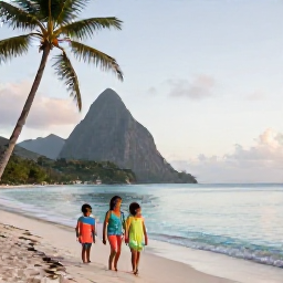 Caribbean Holidays, Saint Lucia Family Holidays, A happy family walking along a palm-fringed beach in Saint Lucia in June, with calm turquoise water and soft morning light