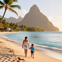 Caribbean Holidays, Saint Lucia Family Holidays, A happy family walking along a palm-fringed Caribbean beach in Saint Lucia, turquoise water, soft golden sand and gentle morning light