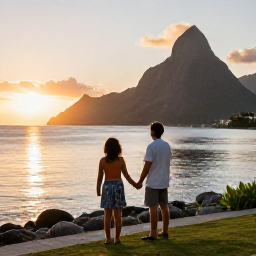 Caribbean Holidays, Saint Lucia Family Holidays, A happy family watching the sunset over the Saint Lucian coastline from a comfortable seaside hotel