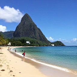 Caribbean Holidays, Saint Lucia Family Holidays, A sunny family-friendly beach in Saint Lucia with calm turquoise water, soft sand, palm trees and children playing safely at the shoreline