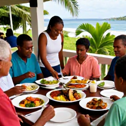 Caribbean Holidays, Saint Lucia Family Holidays, A welcoming Saint Lucian family meal at an outdoor restaurant, with grilled fish, tropical fruit, rice and local dishes in a relaxed setting