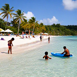 Caribbean Holidays, Saint Lucia Family Holidays, Children paddling in shallow clear Caribbean water beside their parents on a sheltered Saint Lucian beach, colourful beach towels and palm trees