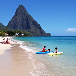 Caribbean Holidays, Saint Lucia Family Holidays, Children paddling in shallow clear water on a sandy Saint Lucian beach while parents relax nearby