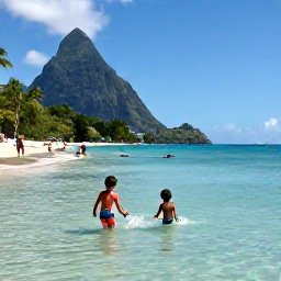 Caribbean Holidays, Saint Lucia Family Holidays, Children playing safely in shallow clear Caribbean water while parents relax on a sandy Saint Lucia beach