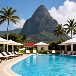Caribbean Holidays, Saint Lucia Family Holidays, Comfortable family-friendly hotel pool in Saint Lucia with sun loungers, tropical gardens and children playing safely