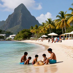 Caribbean Holidays, Saint Lucia Family Holidays, Families enjoying a calm Caribbean beach in Saint Lucia, with parents and children swimming, building sandcastles and relaxing beneath palm trees