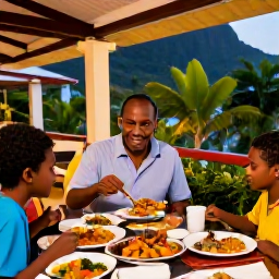 Caribbean Holidays, Saint Lucia Family Holidays, Family eating a relaxed Caribbean meal at an outdoor restaurant in Saint Lucia, colourful local dishes, tropical greenery and warm evening light