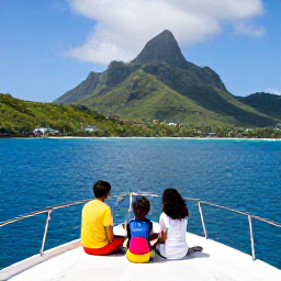 Caribbean Holidays, Saint Lucia Family Holidays, Family enjoying a gentle boat trip along the Saint Lucia coast, green hills, volcanic peaks and bright blue sea in the background