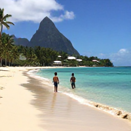 Caribbean Holidays, Saint Lucia Family Holidays, Family enjoying a quiet sandy beach beside clear turquoise water in Saint Lucia, with safe swimming conditions and tropical scenery