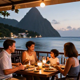 Caribbean Holidays, Saint Lucia Family Holidays, Family enjoying a relaxed Saint Lucian evening meal at an outdoor restaurant near the sea