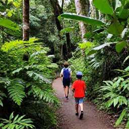 Caribbean Holidays, Saint Lucia Family Holidays, Family exploring a rainforest trail near a waterfall in Saint Lucia, surrounded by lush green plants and tropical scenery