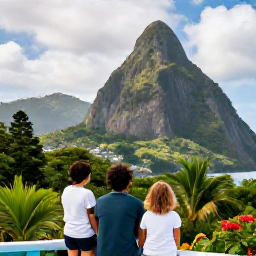 Caribbean Holidays, Saint Lucia Family Holidays, Family exploring the Pitons and lush rainforest in Saint Lucia, with a scenic viewpoint and tropical vegetation