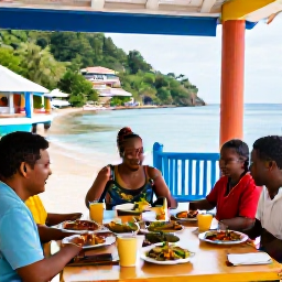 Caribbean Holidays, Saint Lucia Family Holidays, Family sharing a relaxed meal at a colourful Saint Lucian restaurant, with local dishes and a welcoming island atmosphere