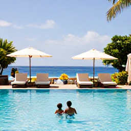 Caribbean Holidays, Saint Lucia Family Holidays, Family swimming in a resort pool overlooking the Caribbean Sea in Saint Lucia, shaded loungers, tropical gardens and relaxed atmosphere