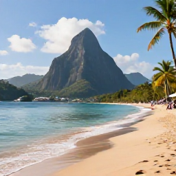 Caribbean Holidays, Saint Lucia February, A bright February morning on Reduit Beach in Saint Lucia, with calm turquoise water, golden sand, palm trees and a few relaxed holidaymakers