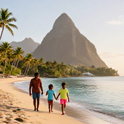 Caribbean Holidays, Saint Lucia February, A happy family walking along a calm golden beach in Saint Lucia in February, palm trees, clear Caribbean water and soft morning sunlight