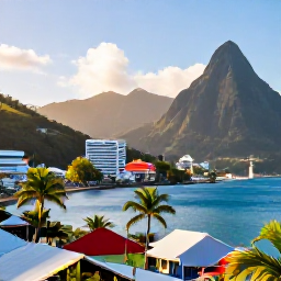 Caribbean Holidays, Saint Lucia February, A sunny February morning overlooking Castries harbour, Saint Lucia, with colourful buildings, palm trees and blue Caribbean water