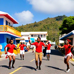 Caribbean Holidays, Saint Lucia February, Colourful Saint Lucia street festival in February with local dancers, musicians and decorated buildings in a lively Caribbean town