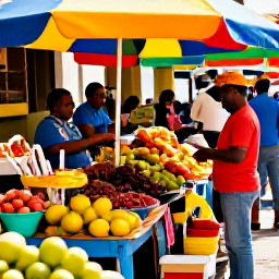 Caribbean Holidays, Saint Lucia February, Colourful Saint Lucia street market with local fruit, spices, handmade crafts and friendly shoppers in warm daylight