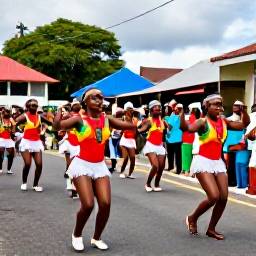 Caribbean Holidays, Saint Lucia February, Colourful Saint Lucian street parade with dancers, musicians and local spectators in Castries during February