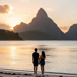 Caribbean Holidays, Saint Lucia February, Couple enjoying a sunset view of the Pitons from a Saint Lucia beach, with warm evening light, calm sea and volcanic peaks in the distance