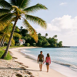 Caribbean Holidays, Saint Lucia February, Couple walking along a quiet Saint Lucia beach in warm February sunlight, with palm trees and turquoise water