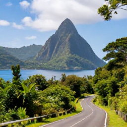 Caribbean Holidays, Saint Lucia February, Dramatic Pitons rising above lush green rainforest and Caribbean sea, viewed from a scenic road in Saint Lucia
