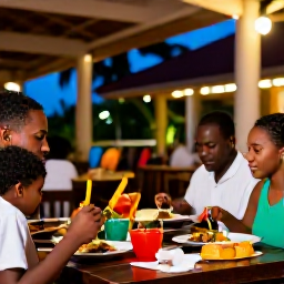 Caribbean Holidays, Saint Lucia February, Family enjoying a colourful Saint Lucian meal at an outdoor restaurant, tropical setting and relaxed evening atmosphere
