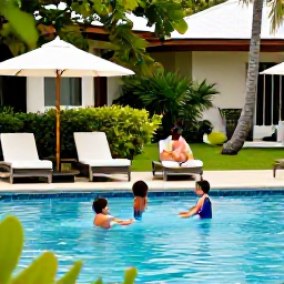 Caribbean Holidays, Saint Lucia February, Family relaxing beside a swimming pool at a Saint Lucia hotel, children playing safely and parents enjoying the tropical garden surroundings