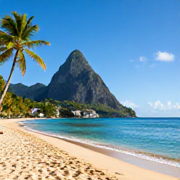 Caribbean Holidays, Saint Lucia February, Golden sandy beach in Saint Lucia with calm turquoise sea, palm trees and bright February sunshine