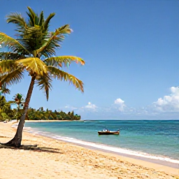 Caribbean Holidays, Saint Lucia February, Golden sandy beach near Castries with palm trees, calm turquoise water and a small boat in Saint Lucia