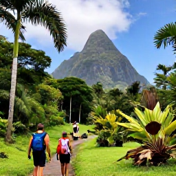 Caribbean Holidays, Saint Lucia February, Hikers walking through a tropical Saint Lucia rainforest towards a scenic viewpoint of the Pitons