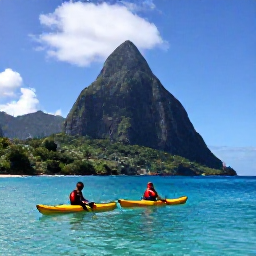 Caribbean Holidays, Saint Lucia February, Kayakers exploring clear turquoise water beside the Pitons on the Saint Lucia coast