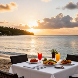 Caribbean Holidays, Saint Lucia February, Outdoor table at a Saint Lucia beach restaurant at sunset, with Caribbean food, chilled drinks and the sea beyond