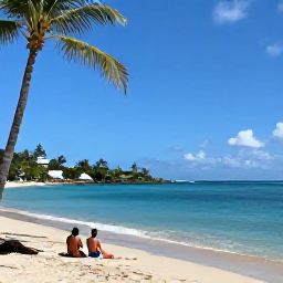 Caribbean Holidays, Saint Lucia February, Quiet palm-fringed beach in Saint Lucia with a couple relaxing beside clear blue Caribbean water